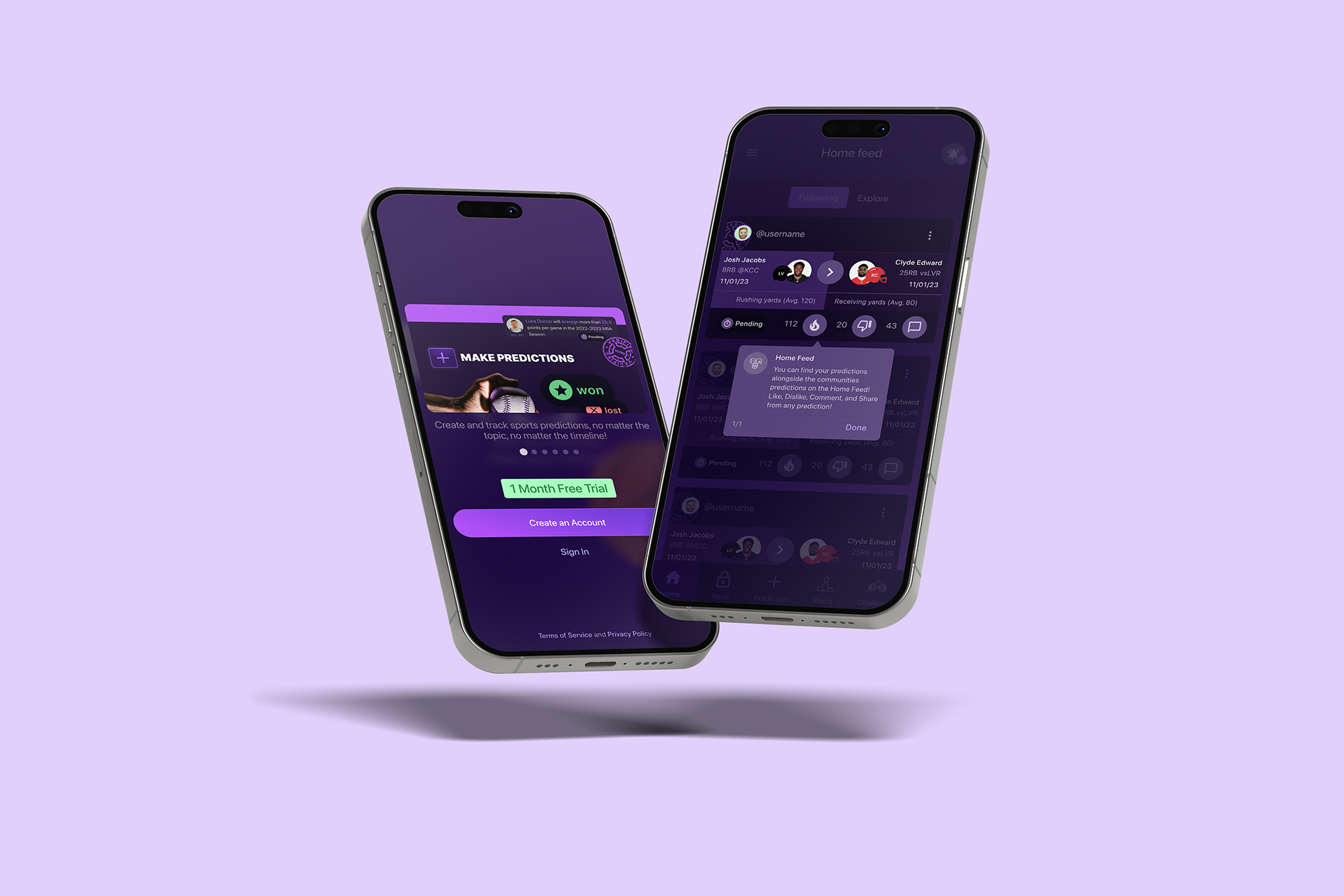 Two iPhones presenting the redesigned VLTED sports social app