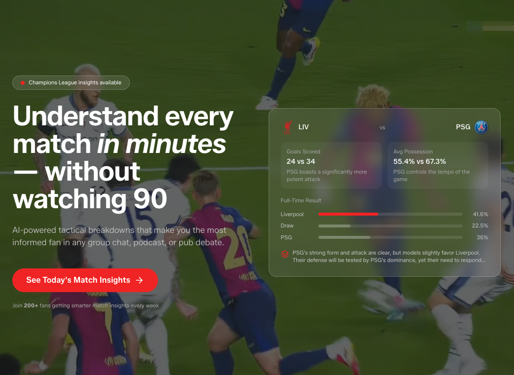 MatchOnAI landing page presenting AI-powered football match insights