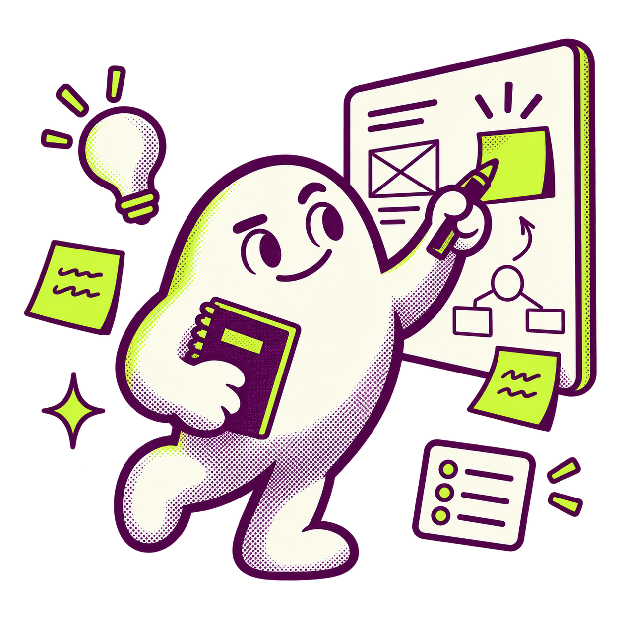 Sixyce mascot planning wireframes and product flows on a whiteboard