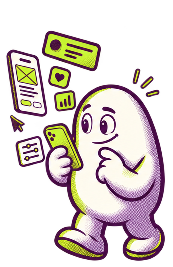 Sixyce mascot exploring a mobile product interface